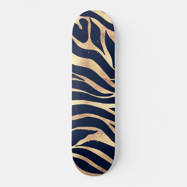 Elegant Navy Blue Gold Zebra Print Skateboard (Front)