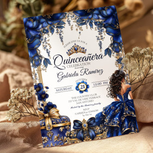Elegant Navy Blue Golden Tiara Floral  Quinceañera Invitation