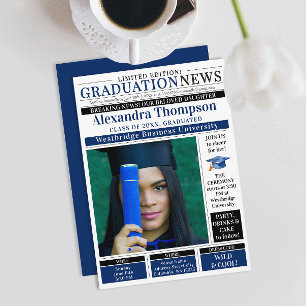 Elegant Navy Blue Graduate Newspaper Breaking News Invitation