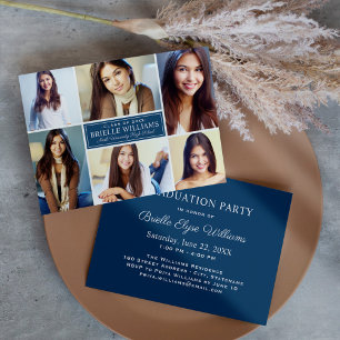 Elegant Navy Blue Graduation Party Photo Collage Invitation