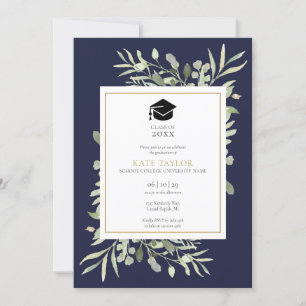 Elegant Navy Blue Greenery Photo Graduation Party  Invitation