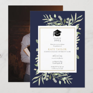 Elegant Navy Blue Greenery Photo Graduation Party Invitation