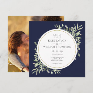 Elegant Navy Blue Greenery Photo Square Wedding Invitation