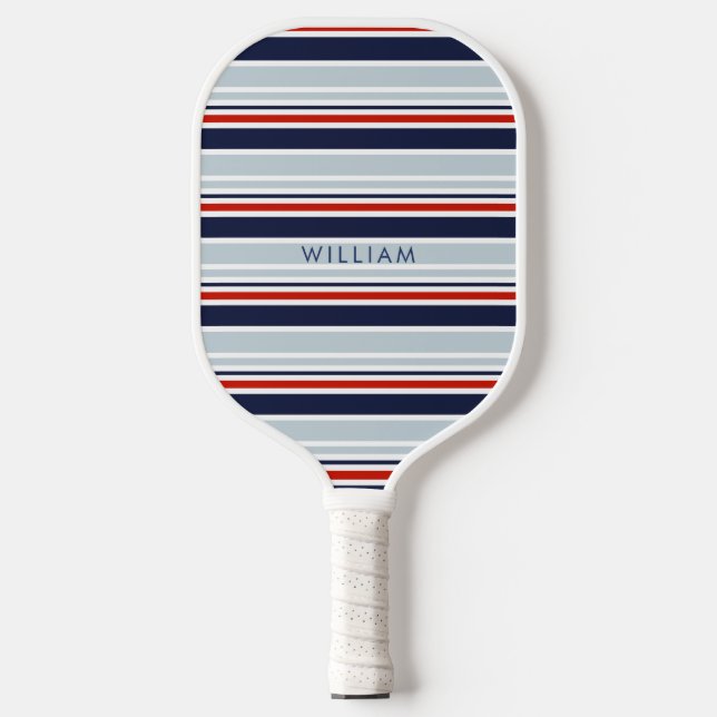 Elegant Navy Blue & Grey Coastal Stripes Custom Pickleball Paddle (Front)