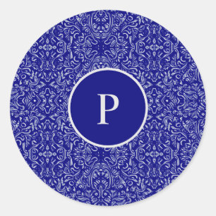 Elegant Navy Blue & Grey Damask Pattern Classic Round Sticker