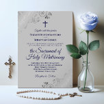 Elegant Navy Blue & Grey Modern Catholic Wedding Invitation<br><div class="desc">This beautiful wedding invitation is perfect for a modern Catholic ceremony. It features a beautiful design with elegant navy blue script lettering and ornate silver grey curls and swirls in the corners on a grey background. Includes a cross or crucifix, and wording inviting your guests to attend a nuptial mass...</div>