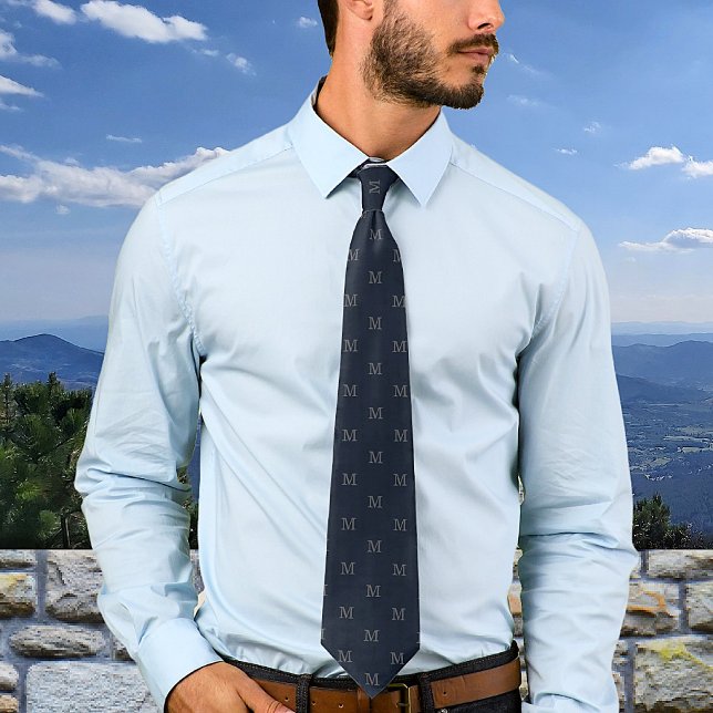 Elegant Navy Blue Grey Monogram Personalized Tie (Creator Uploaded)