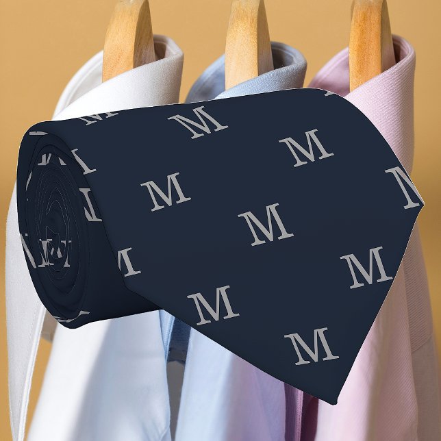 Elegant Navy Blue Grey Monogram Personalized Tie (Creator Uploaded)