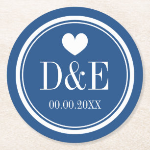 Elegant navy blue heart monogram wedding coasters
