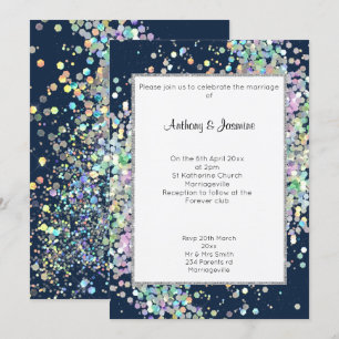 ELEGANT NAVY BLUE HOLOGRAPHIC PASTEL WEDDING  INVITATION