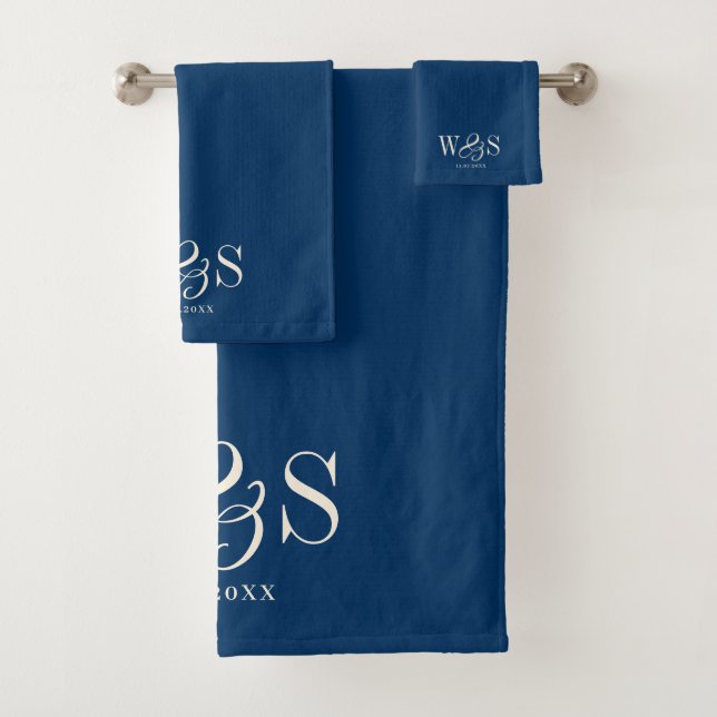Elegant navy blue initial wedding couples bath towel set (Insitu)