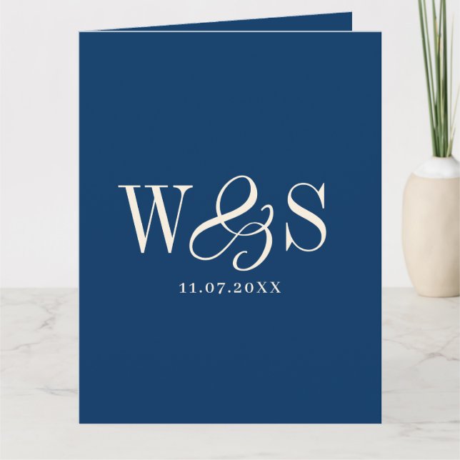 Elegant navy blue initial wedding couples card (Front)