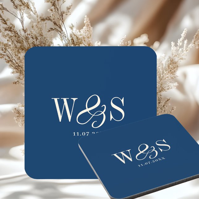 Elegant navy blue initial wedding couples coaster (Creator Uploaded)