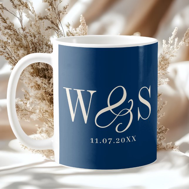 Elegant navy blue initial wedding couples coffee mug (Creator Uploaded)