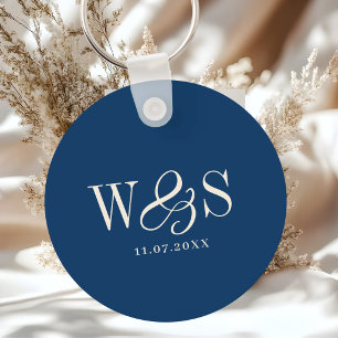 Elegant navy blue initial wedding couples keychain
