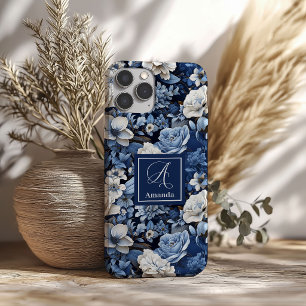 Elegant Navy Blue Ivory Floral Luxury iPhone Case