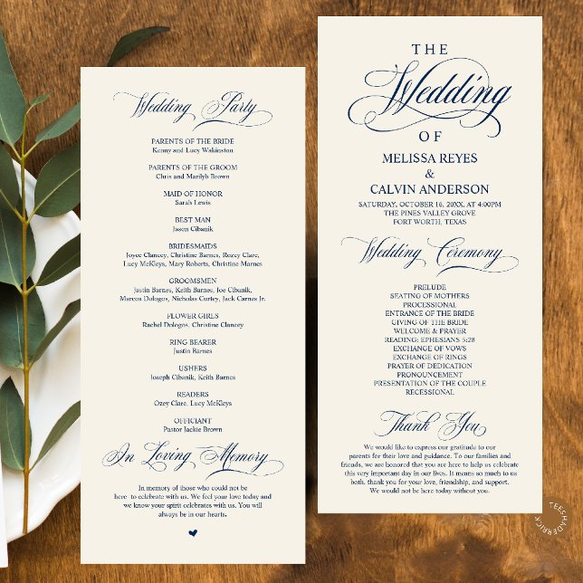 Elegant Navy Blue Ivory Script Wedding Program (Elegant Classy Navy Blue Ivory Script Wedding Program Card)
