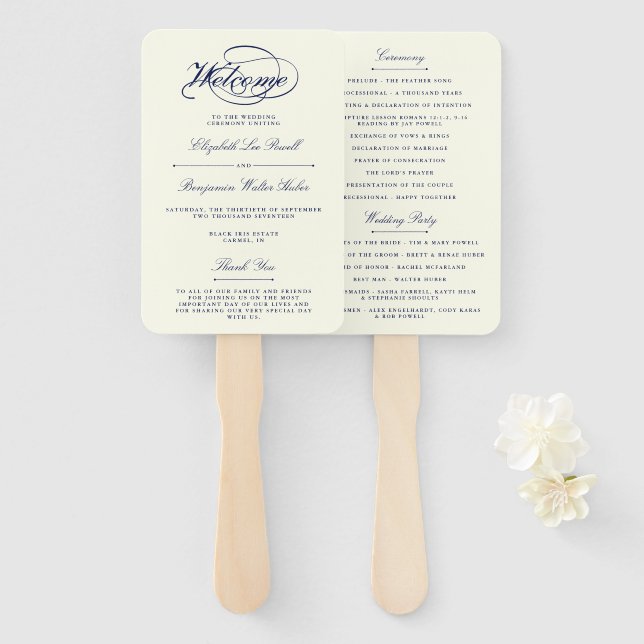 Elegant Navy Blue & Ivory Script Wedding Program Hand Fan (Front and Back)