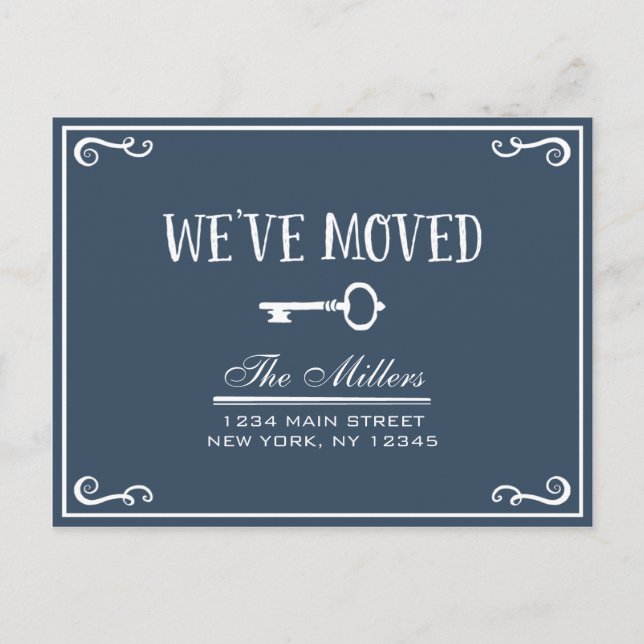 Elegant Navy Blue Key Moving Announcement (Front)