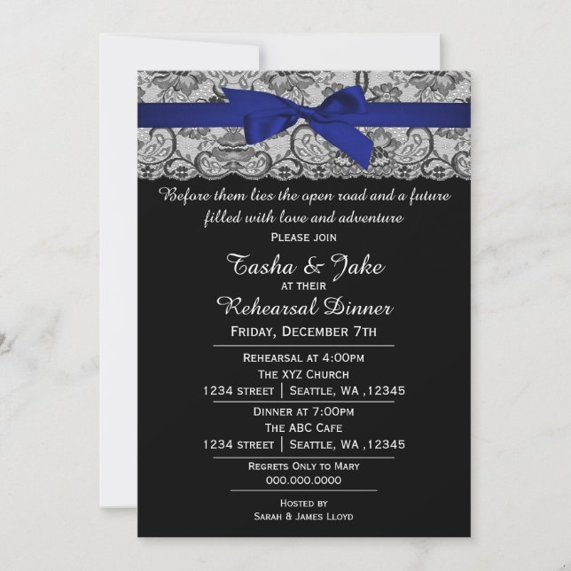 Elegant Navy Blue Lace Rehearsal Dinner Invitation (Front)