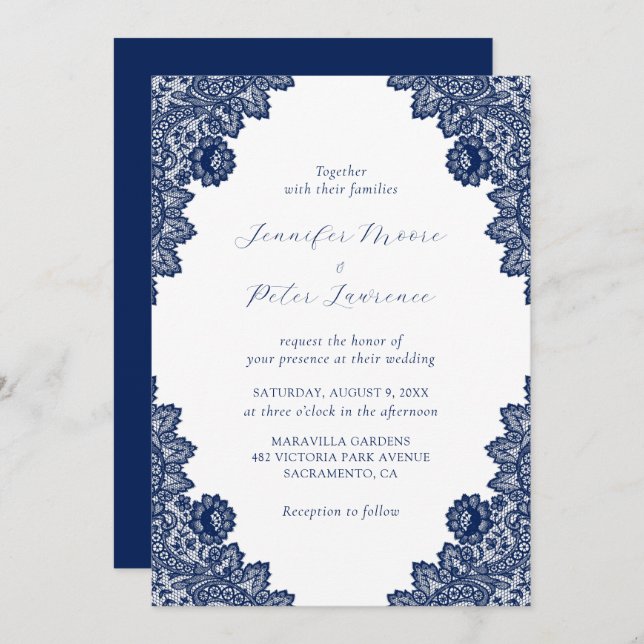 Elegant Navy Blue Lace Wedding Invitation (Front/Back)