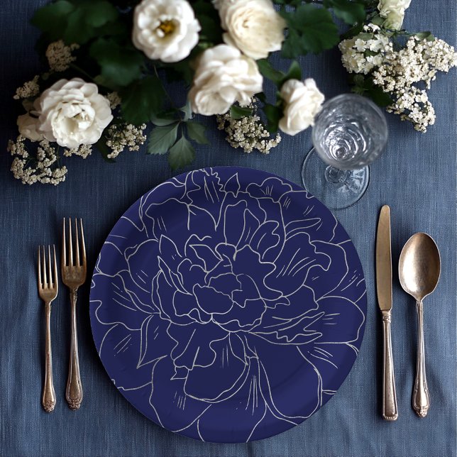 Elegant Navy Blue Large Silver Floral Paper Plate (Creator Uploaded)
