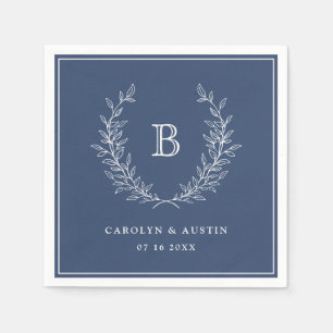 Elegant Navy Blue Laurel Wreath Wedding Monogram Napkin