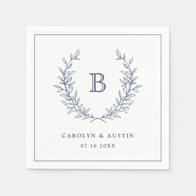 Elegant Navy Blue Laurel Wreath Wedding Monogram Napkin (Front)