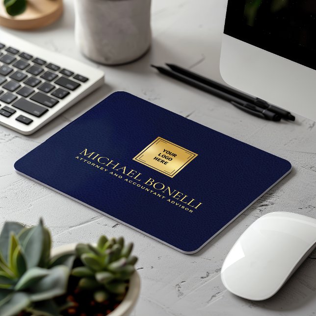 Elegant Navy Blue Leather Luxury Gold Logo NAME Mouse Pad (Creator Uploaded)