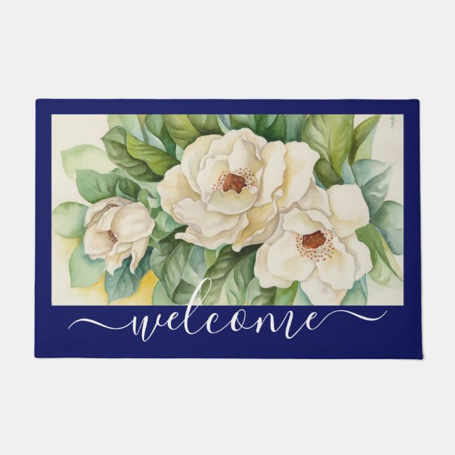 Elegant Navy Blue Magnolia Floral Welcome Script Doormat (Front)