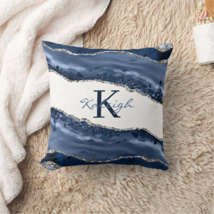 Elegant Navy Blue Marble Silver Glitte Monogram Throw Pillow
