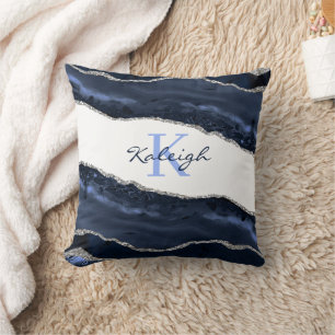 Elegant Navy Blue Marble Silver Glitter Monogram Throw Pillow