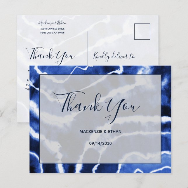 Elegant Navy Blue Marble Tie Dye Wedding Thank You Postcard (Front/Back)