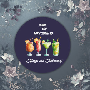 elegant navy blue margs and matrimony thank you classic round sticker