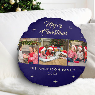 Elegant Navy Blue Merry Christmas 3 Photo Collage Round Pillow