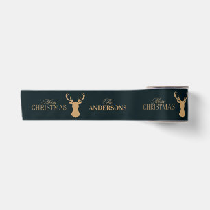 Elegant Navy Blue Merry Christmas Family Name Satin Ribbon