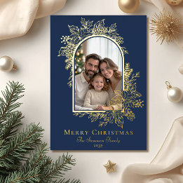 Elegant Navy Blue Merry Christmas Photo Foil Holiday Card