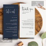 Elegant Navy Blue Minimal Thank You Placecard Menu<br><div class="desc">Check out this All-in-One Modern Minimalist Menu Table Escort Place Card with Thank You for your wedding or party event! This menu card features an elegant calligraphy script of "let's eat" on the front with a clean and simple block sans serif typography font on a navy blue background and elegant...</div>