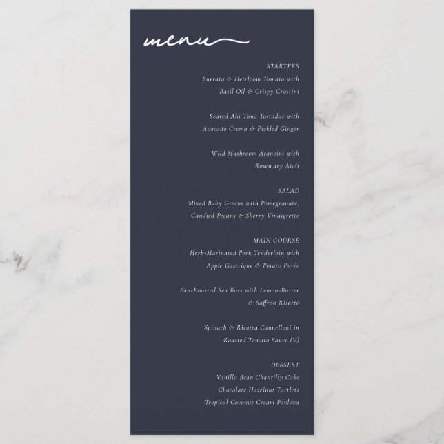 Elegant Navy Blue Minimalist Wedding Menu (Front)