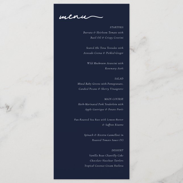 Elegant Navy Blue Minimalist Wedding Menu (Front)