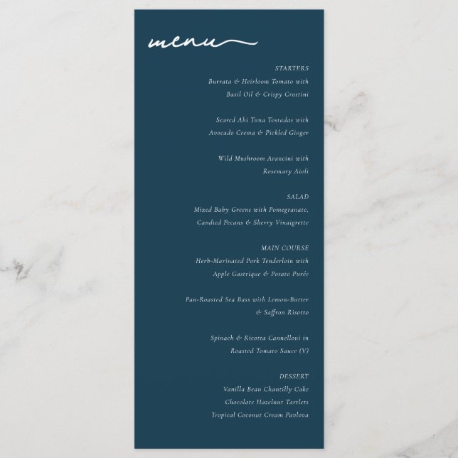 Elegant Navy Blue Minimalist Wedding Menu (Front)