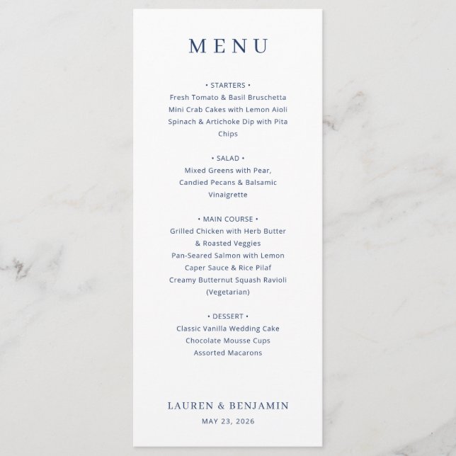 Elegant Navy Blue Minimalist Wedding Menu (Devant)