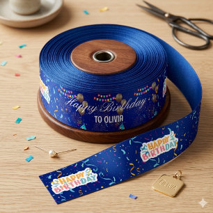 Elegant Navy Blue Modern Birthday Party Satin Ribbon