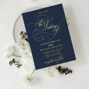 Elegant Navy Blue Modern Calligraphy Wedding Foil