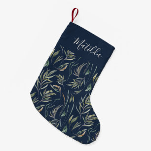 Elegant navy blue modern minimal botanical script small christmas stocking