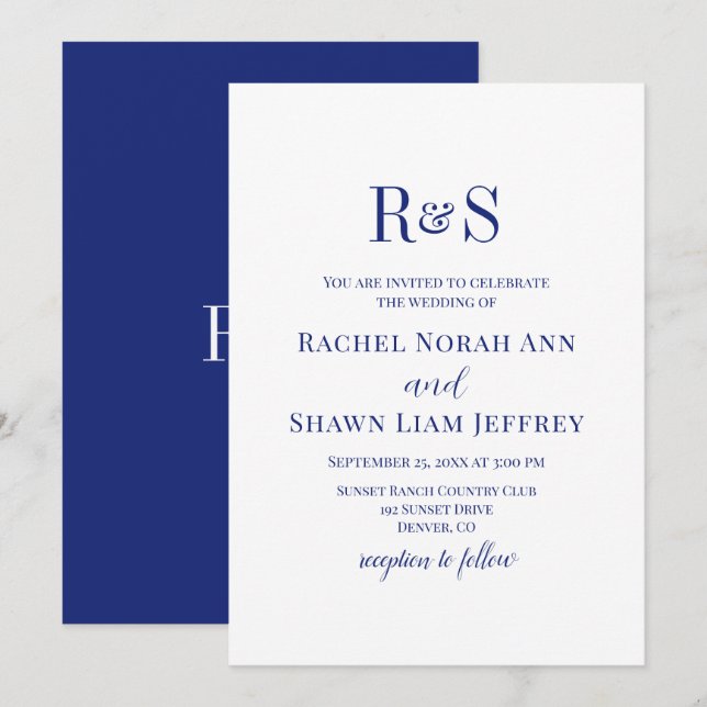 Elegant Navy Blue Modern Monogram Wedding Invitation (Front/Back)