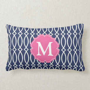 Elegant Navy Blue Modern Trellis Monogrammed Lumbar Pillow