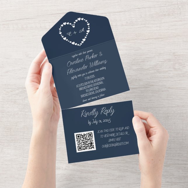 Elegant Navy Blue Modern Unique RSVP QR Code All In One Invitation (Tearaway)