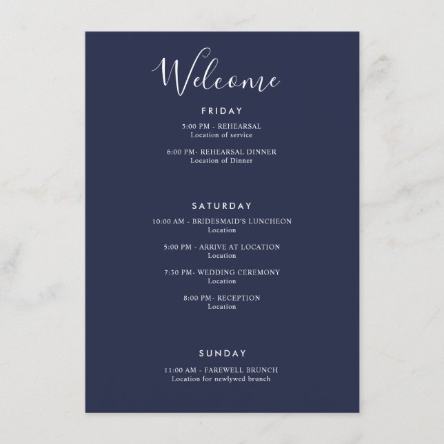 Elegant Navy Blue Modern Welcome Itinerary Enclosure Card (Front)