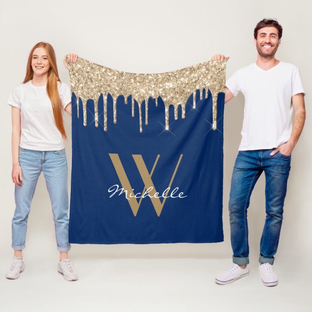 Elegant Navy Blue Monogram Dripping Glitter Name Fleece Blanket (In Situ)